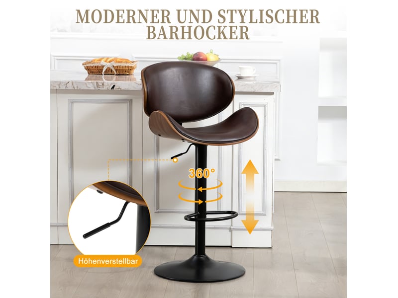  Tabouret de bar pivotant réglable en hauteur avec dossier ergonomique et repose-pieds en simili cuir marron  - Conforama E
