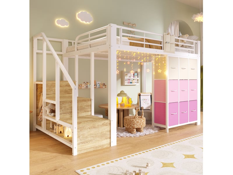  Lit mezzanine 140x200 cm avec rangements et penderie blanc  - Conforama B