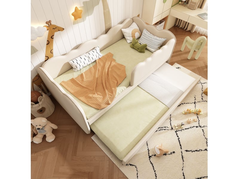  Lit gigogne enfant 90 × 190 cm avec lit inférieur escamotable, sans matelas, en lin beige  - Conforama C
