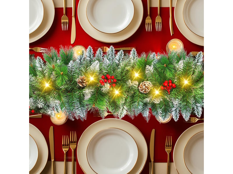  Guirlande lumineuse de noël 2,7 m, pin artificiel givré avec led, baies rouges et pommes de pin pour cheminée et escalier  - Conforama C