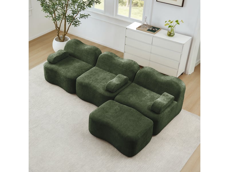  Canapé d’angle modulable 3 places en velours vert avec pouf, assise profonde, mousse haute densité 32d et forme ondulée  - Conforama C