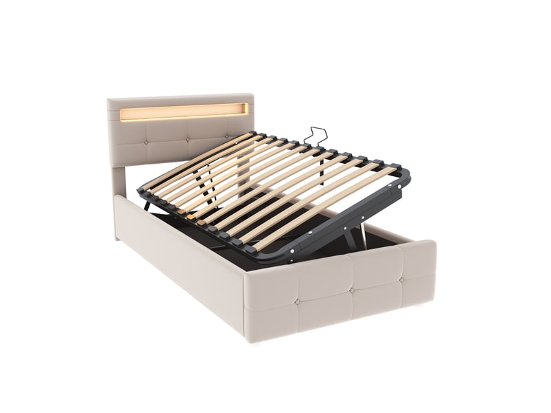 Lit enfant 90x200 cm - lit coffre hydraulique - led - tête de lit réglable - velours - beige - Conforama A