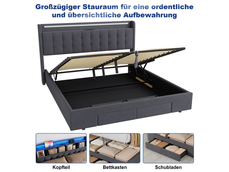  Lit rembourré ulevr 180x200 cm avec rangement, 2 tiroirs, usb et éclairage led, velours gris foncé  - Conforama E