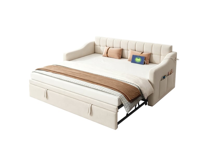  Canapé-lit extensible 90x190 cm avec ports usb beige sans matelas  - Conforama A