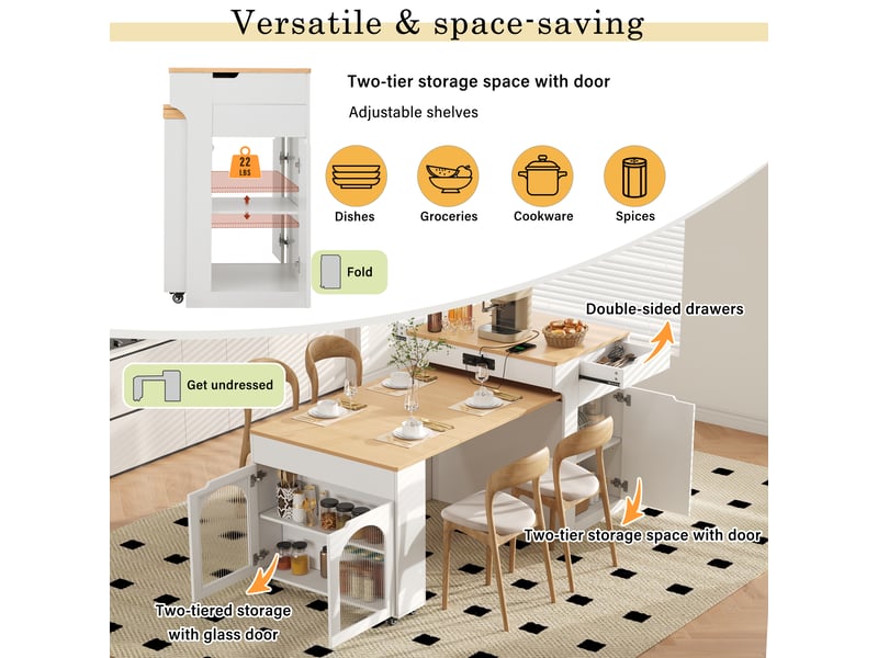  Îlot de cuisine, 80x56,2x93 cm, ports de charge, rangement intégré, en verre, blanc cao-DE000049AAK-conf-NEW - Conforama E
