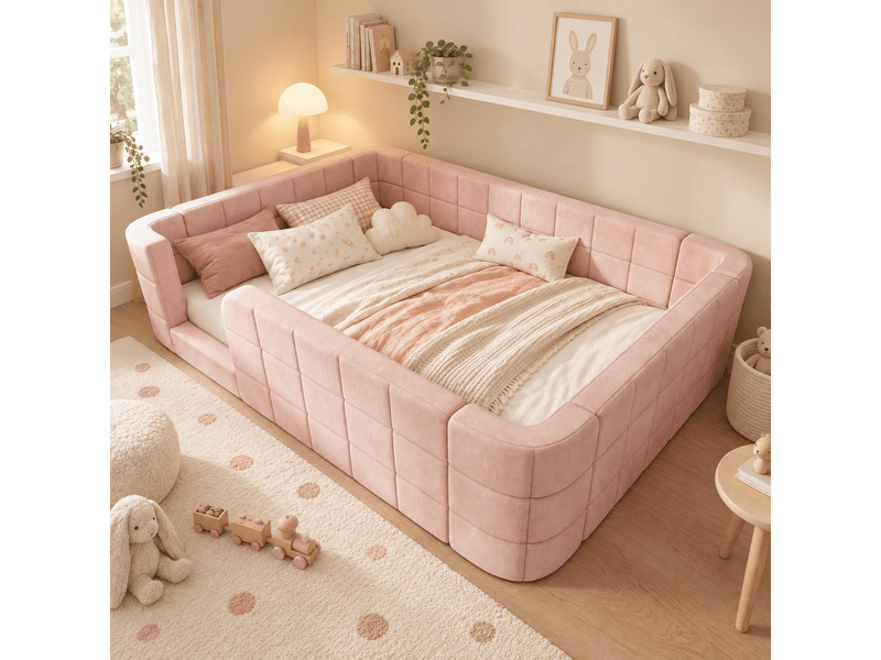  Lit enfant au sol rembourré 140 x 200 cm avec barrière périphérique et entrée basse, sommier à lattes inclus, en tissu chenille rose, sans matelas  - Conforama B