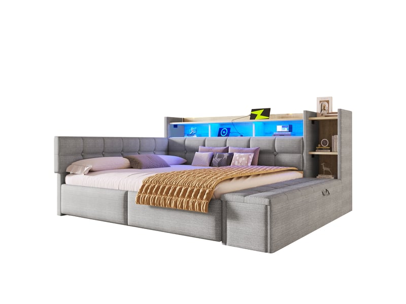  Lit de jour 140 × 190 cm avec deux tiroirs, usb type-c, étagère, led, sans matelas, velours gris, style moderne  - Conforama A