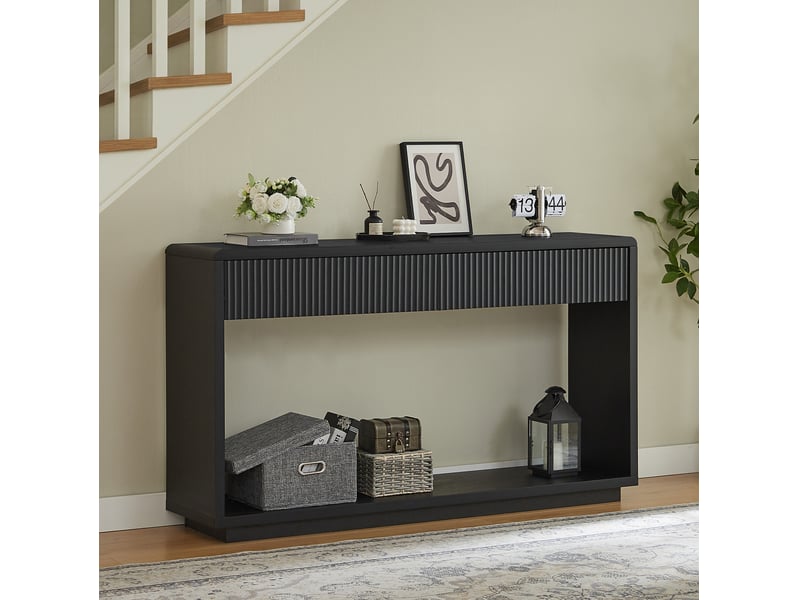  Console d'entrée 150 x 35 x 85 cm – noir – 2 tiroirs, rangement ouvert et design cannelé moderne et pratique  - Conforama B