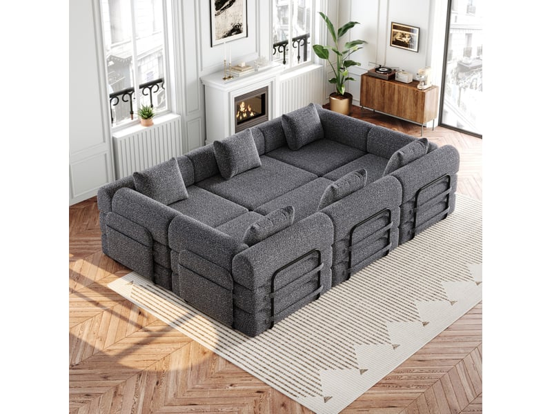 Canapé-lit modulable convertible 2-en-1, 6 places 274x183,8x69,8 cm, espace de rangement, accoudoir métal, chenille, gris - Conforama D