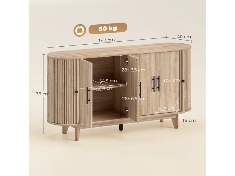 Buffet salon, meuble de rangement ovale avec 4 portes et 2 étagères réglables, 147x40x76cm, chêne - Conforama E