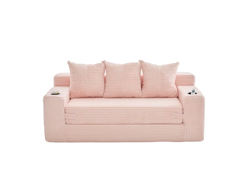  Canape droit 3 places, sans structure rigide en velours côtelé, porte-gobelets et poches, 172 × 87 × 64 cm, rose  - Conforama A