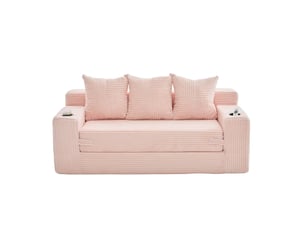 Canape droit 3 places, sans structure rigide en velours côtelé, porte-gobelets et poches, 172 × 87 × 64 cm, rose