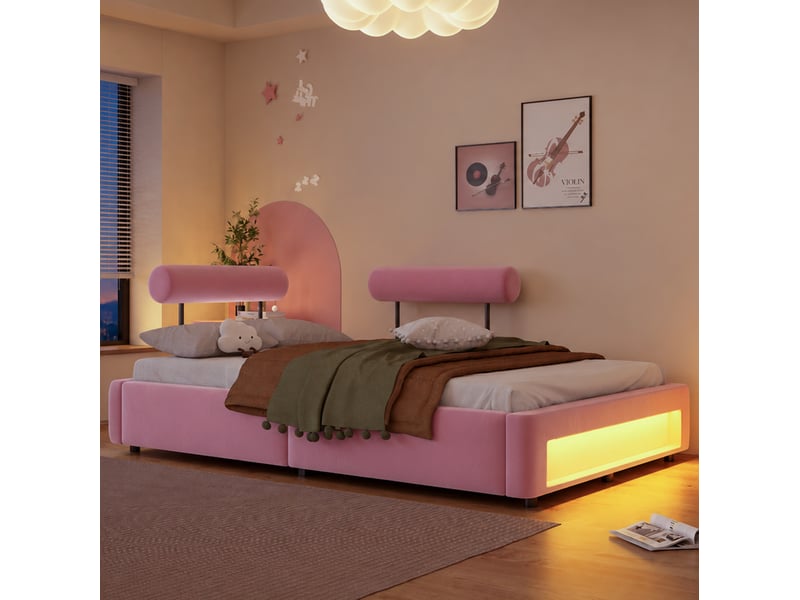 Lit capitonné 140x200 cm à 2 dossiers réglables et éclairage led, velours rose - Conforama D