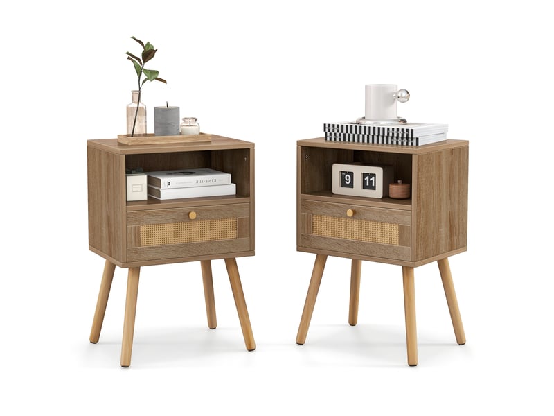  Rangement pratique, lot de 2 tables de chevet avec tiroir en rotin et étagère ouverte pour chambre ou salon HU10580OA-2 - Conforama A