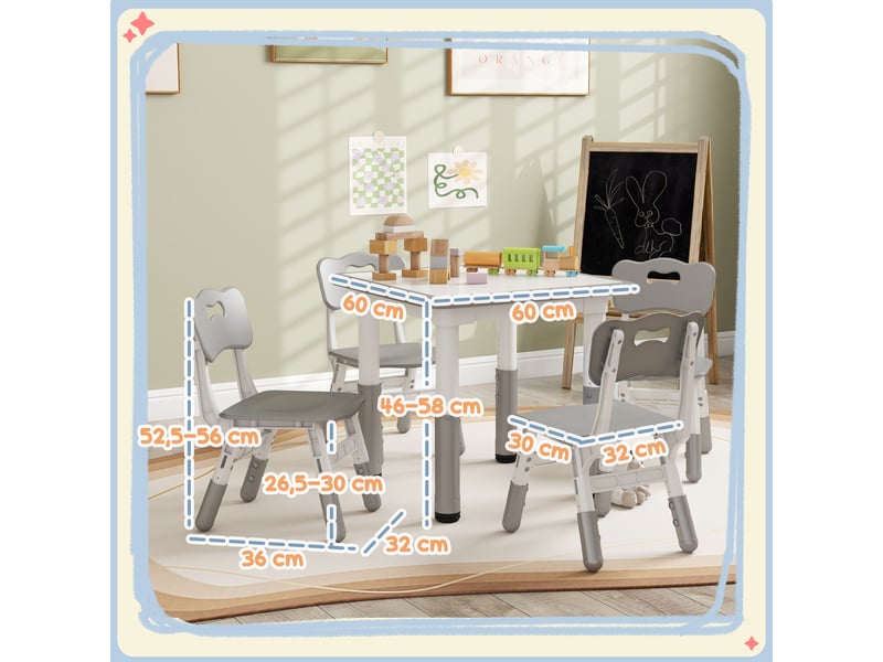  Ensemble 1 table et 4 chaises pour enfants à hauteur réglable, set de 5 pièces, gris  - Conforama D