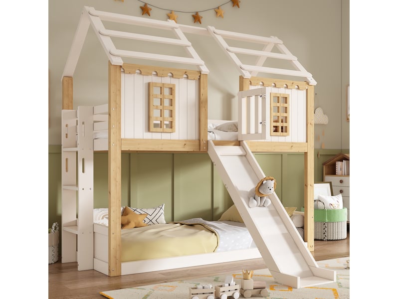  Lit superposé enfant cabane 2x90x200 cm blanc et bois avec toboggan  - Conforama E