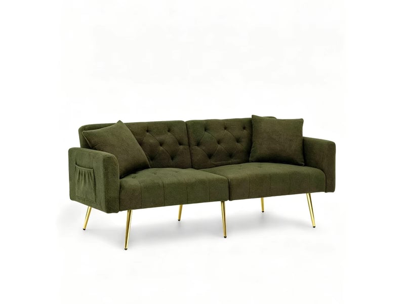 Canapé 2 places moderne en bouclé teddy vert avec dossier réglable 3 positions et 2 coussins - Conforama E