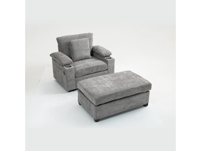 Fauteuil gris en chenille avec pouf, 98 × 148 × 83 cm, rangements dissimulés, port usb et poches latérales  - Conforama A