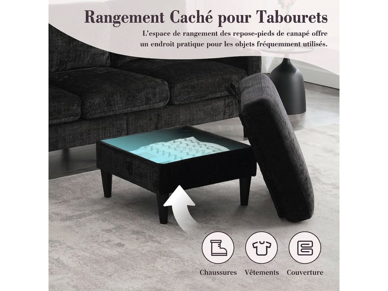  Canapé 4 places avec pouf en chenille douce 196,5 cm - rangement, porte-gobelets, poches latérales  - Conforama D