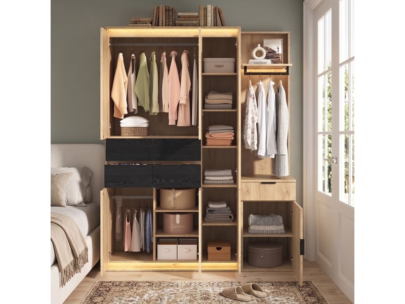  Armoire vestiaire 155x47x200 cm avec miroir et éclairage led, mdf, bois clair, rangement entrée et dressing, chambre  - Conforama E
