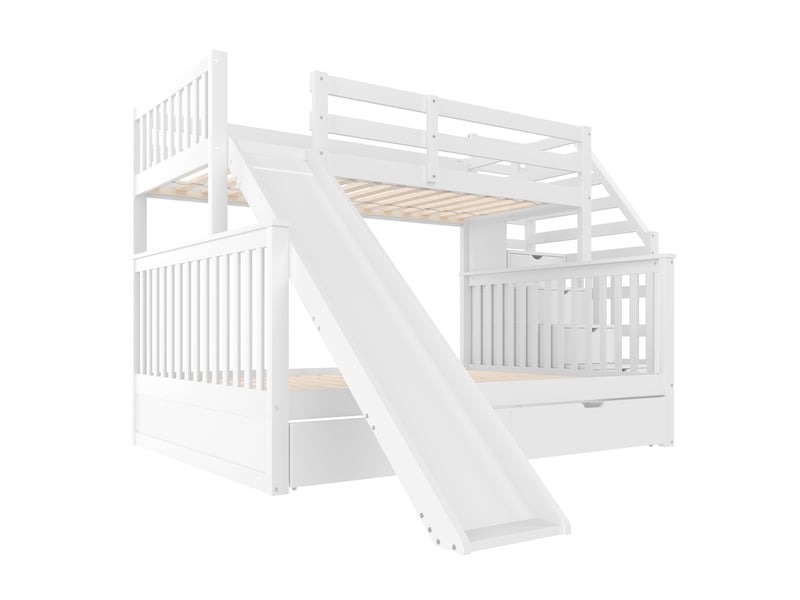 Lit superposé 90x200 sur 140x200 avec toboggan et tiroirs, lit superposé blanc multifonction en bois massif pour enfants. - Conforama W