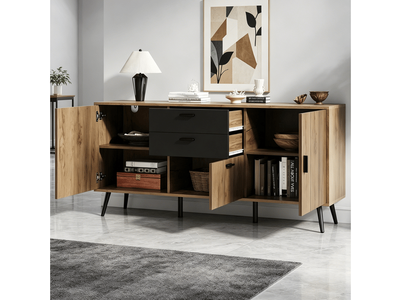  Buffet bas moderne 140x35x67 cm avec grand plateau, commode de rangement avec 2 tiroirs, 3 portes, salon, salle à manger, cuisine, noir et effet bois Seren Glow - Conforama D
