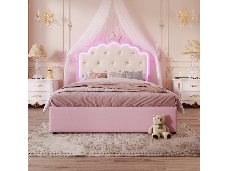 Lit enfant 140x200 cm couronne avec lit gigogne, led, 2 tiroirs et sommier, rose - Conforama D