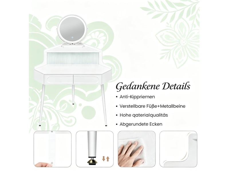  Coiffeuse d'angle 63 x 99 x 139 cm blanche en mdf, miroir rond éclairé réglable, rangements intégrés  - Conforama E