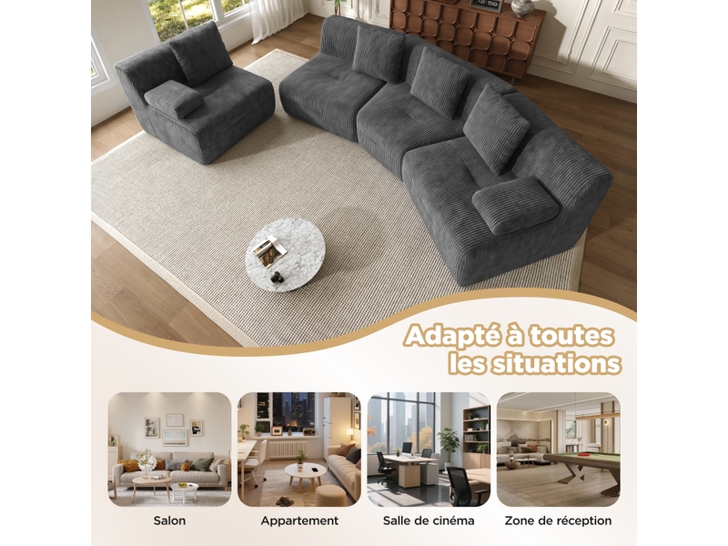  Canapé modulable 4 places, canapé en velours côtelé gris foncé, 4 modules indépendants sans montage, 311x90x65cm, pour salon moderne.  - Conforama E
