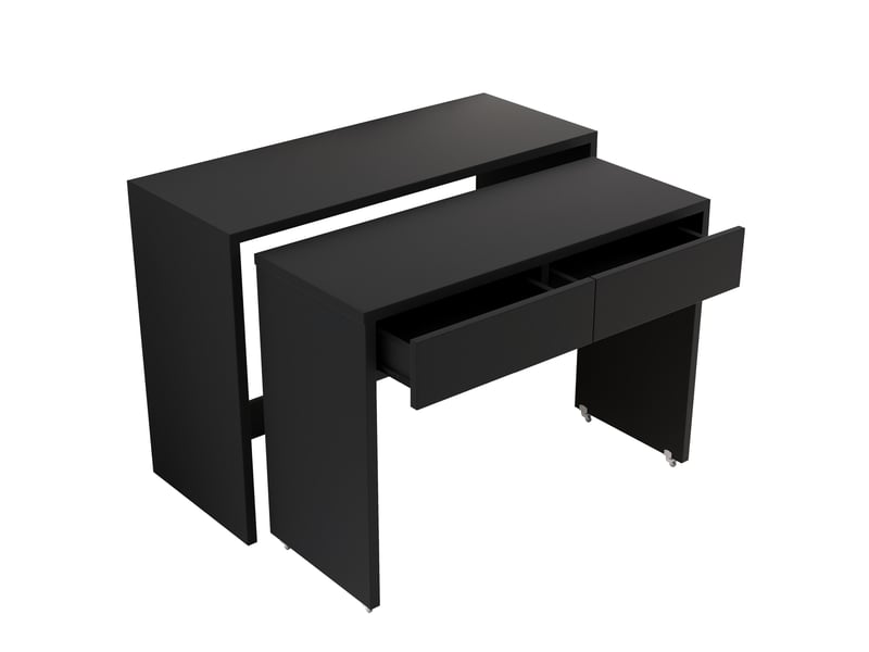  Bureau 2 en 1 avec tiroirs, bureau extensible noir sur roulettes pour petit espace, table de travail modulable 110x40x78 cm  - Conforama W
