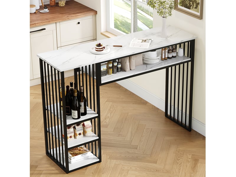  Table de bar 140x40x105 cm avec rangements, décor marbre blanc et noir  - Conforama E