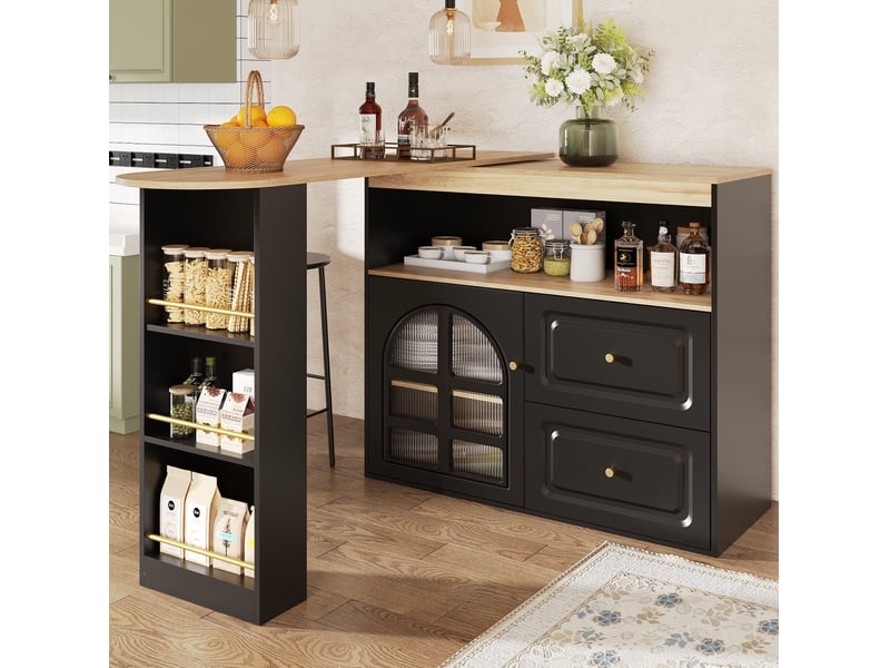  Desserte extensible pivotante à 360° 138-204 cm, 2 tiroirs et étagères, noire  - Conforama E