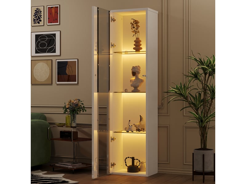 Vitrine blanche à 4 niveaux avec éclairage led connecté, 40 x 29 x 170 cm, panneaux acryliques - Conforama W