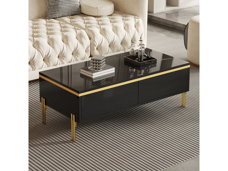  Table basse 100x50x36 cm avec 2 tiroirs sur deux côtés, pieds en métal et panneaux de particules brillants, noir et doré ABC - Conforama B