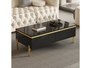 Table basse 100x50x36 cm avec 2 tiroirs sur deux côtés, pieds en métal et panneaux de particules brillants, noir et doré
