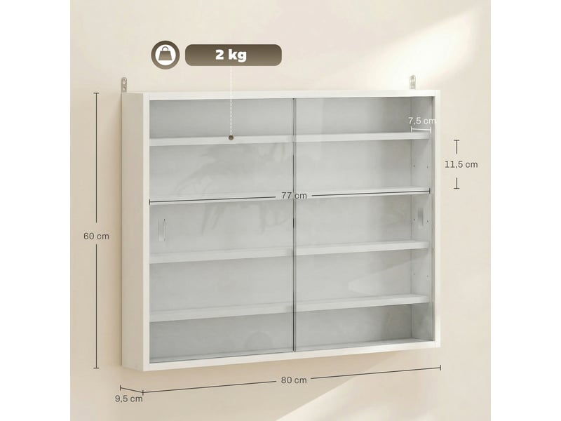  Vitrine murale en bois avec étagères réglables et 2 portes coulissantes en verre 80 x 9,5 x 60 cm blanc  - Conforama E