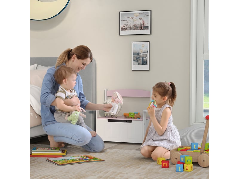 Banc rangement enfant, dossier, couvercle fermeture douce, charge 30kg. Salle de jeux, 68,5 x 34 x 58 cm, roseblanc.  - Conforama C