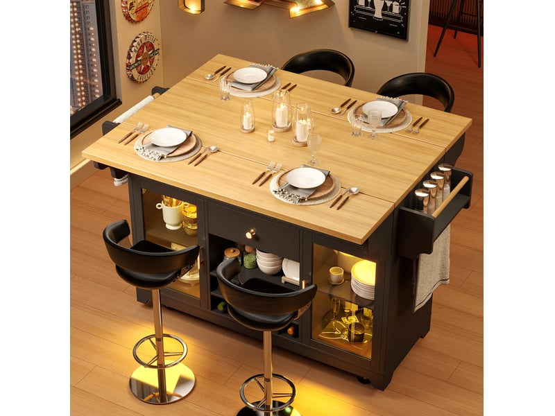 Desserte de cuisine avec 2 portes vitrées, 1 tiroir, led rvb et plateaux rabattables en mdf noir 120 × 80 × 95 cm - Conforama B