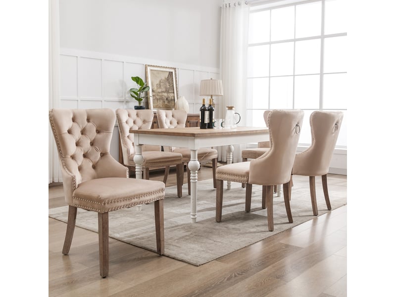  Lot de 6 chaises salle à manger en velours beige, assise rembourrée, dossier haut, pieds métal, design moderne élégant  - Conforama D