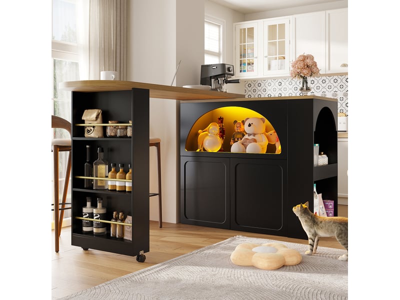 Bar mobile modenvie extensible avec rangement, led et usb, mdf noir, 135-205 x 39 x 100 cm - Conforama B