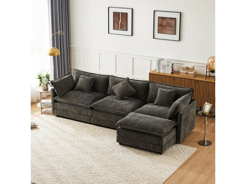  Canapé d’angle modulable en l 3 places avec méridienne, canapé en tissu chenille, assise double couche avec ressorts ensachés, coussins de soutien, idéal salon et chambre - gris  - Conforama E