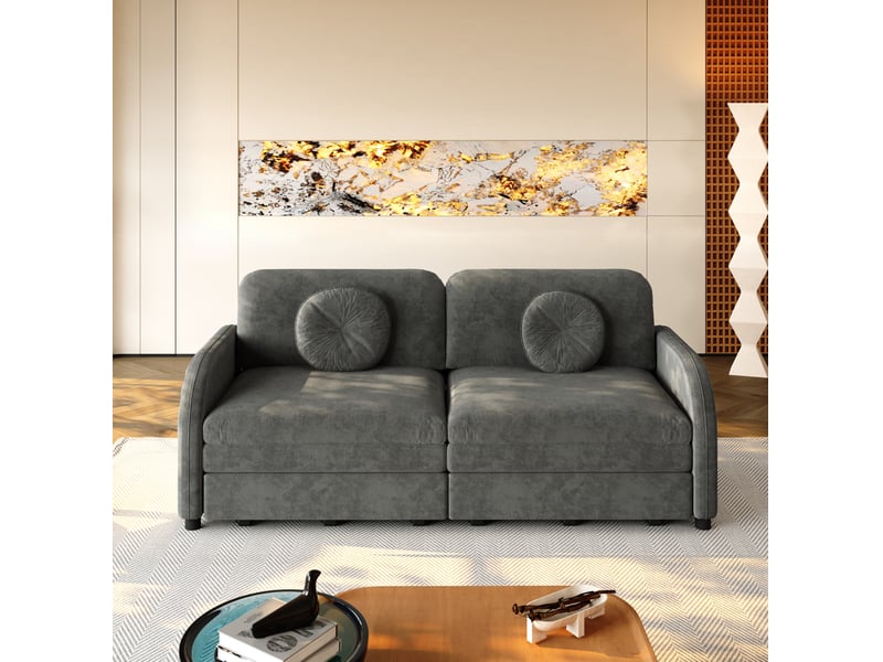 Canapé-lit 2 places 166x84x90 cm 3-en-1, poche latérale, canape droit en métal, bois, mousse et tissu chenille gris  - Conforama D