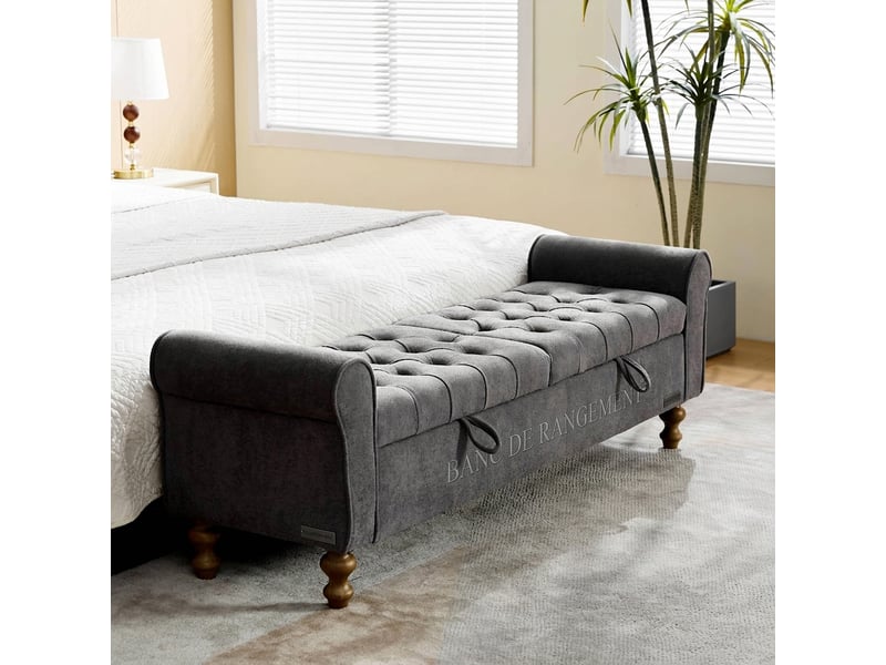  Banc de rangement anthracite 156 cm avec coffre et accoudoirs enroulés, bout de lit  - Conforama B