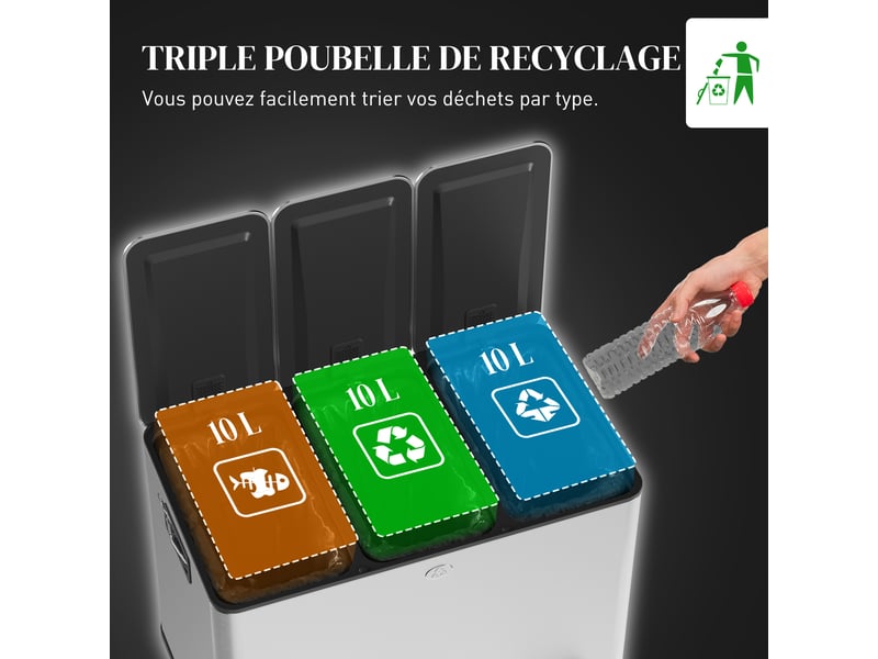  Poubelle tri sélectif 3 compartiments en acier inoxydable argent 49,6x34,5x38,6 cm  - Conforama D