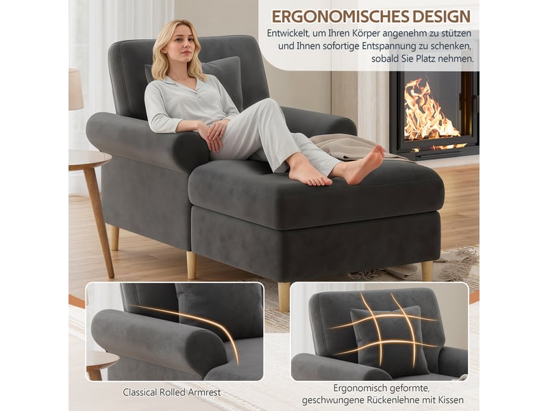  Canapé de salon, canapé pour séjour, en velours, gris, dossier inclinable, avec pouf, chambre, pour salon  - Conforama E