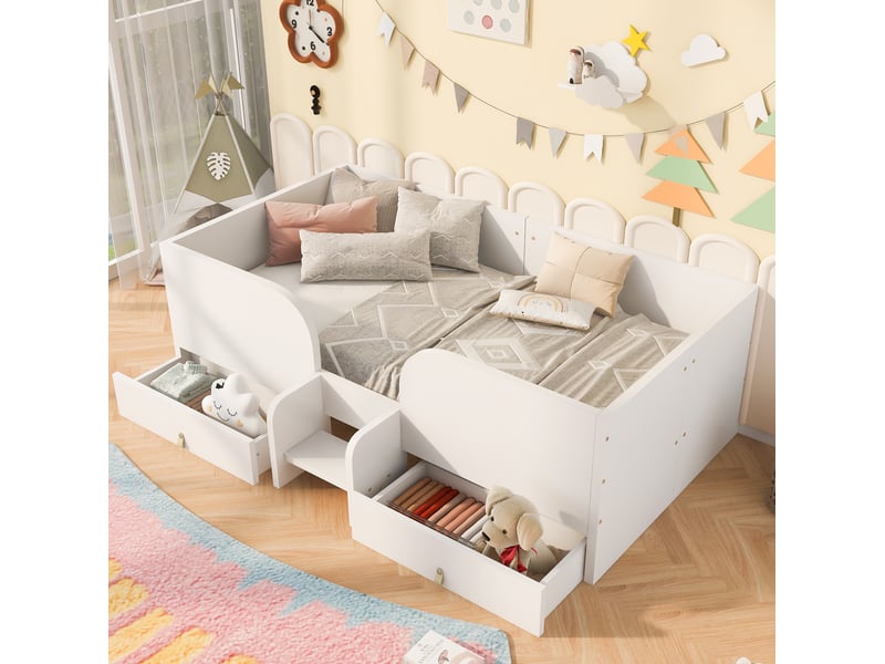  Lit enfant modenvie 90 x 200 cm avec 2 tiroirs, barrières latérales et marchette, blanc  - Conforama B