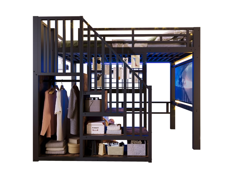  Lit mezzanine 140x200 cm avec led, escalier de rangement, panneau grillagé, support projecteur et sommier, gain de place en métal, noir Sol Morn - Conforama A