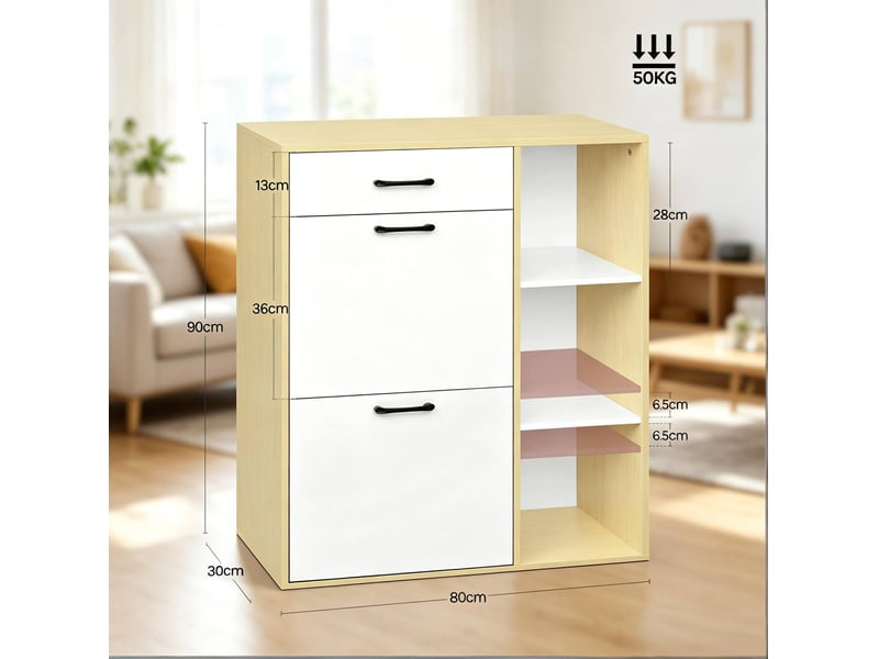  Meuble à chaussures 80x30x90 cm blanc en mdf, 1 tiroir, 2 compartiments abattants et 3 niches ouvertes  - Conforama C