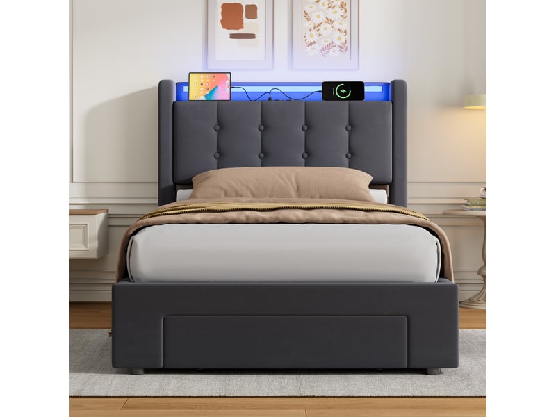  Lit enfant 90x200 cm en velours, lit simple en mdf et métal avec coffre, tiroirs, led et usb, sans matelas  - Conforama B