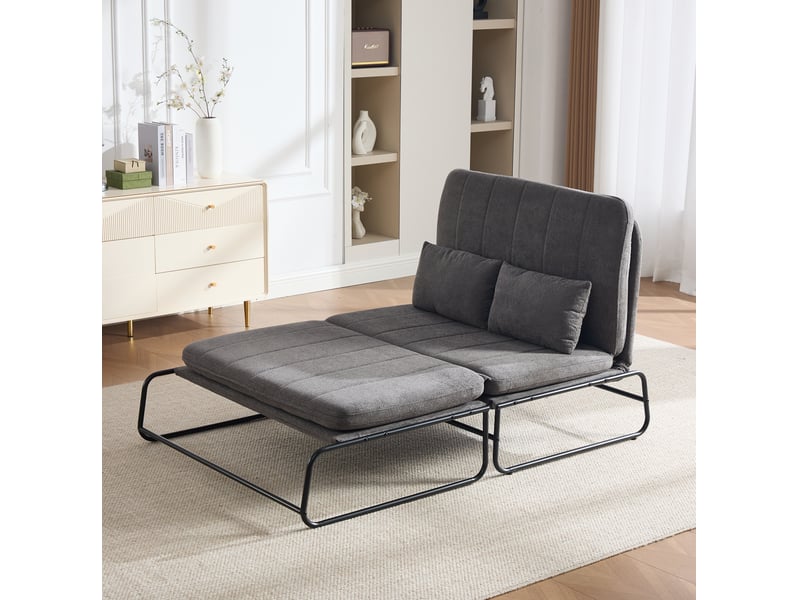  Canapé convertible 2 places avec poches latérales et coussin lombaire, structure en métal, chenille gris  - Conforama B